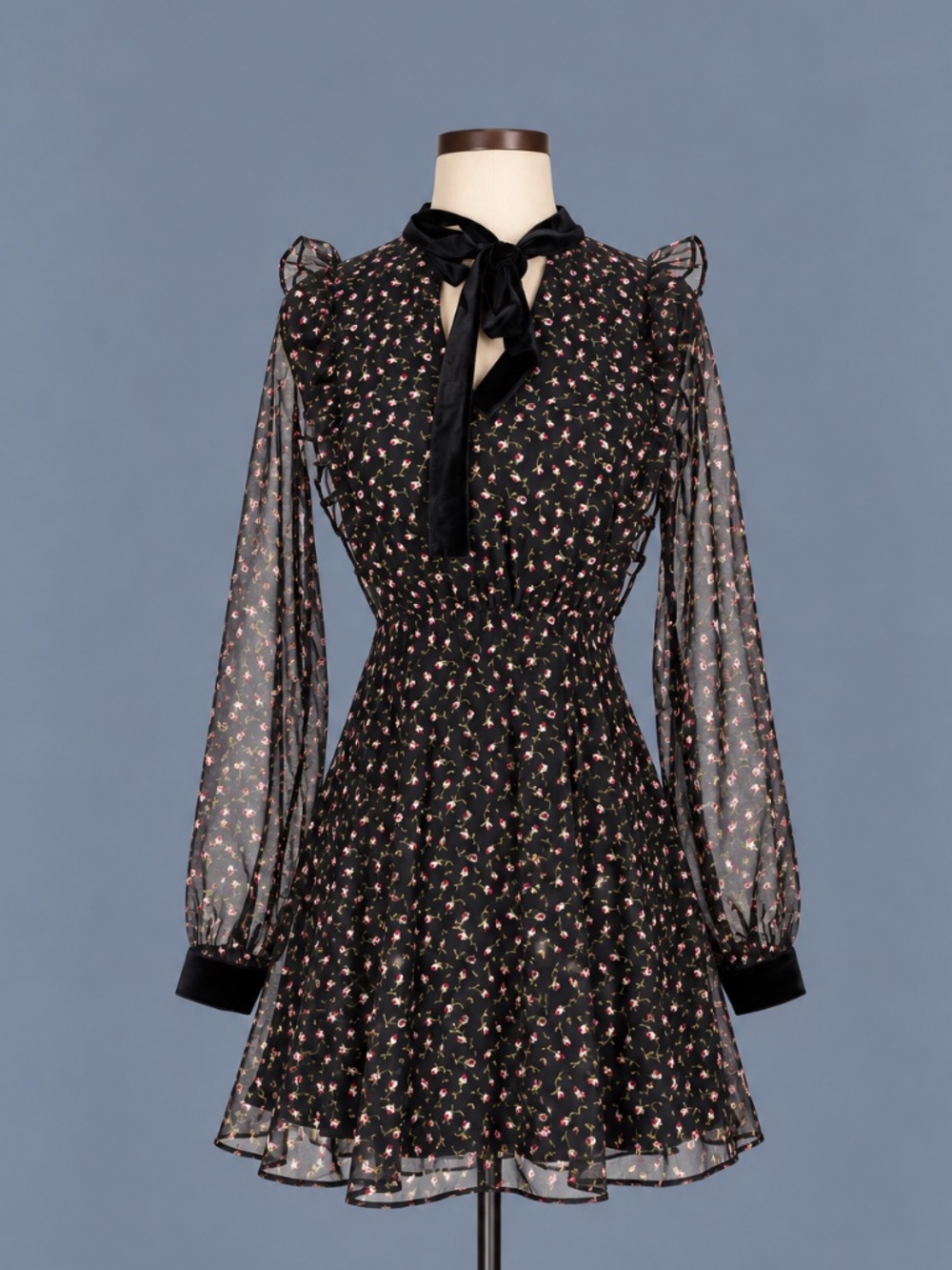Lush Black Floral Chiffon Bow Tie Mini Dress Size XS NWT